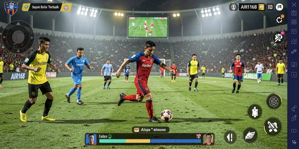 Tangkapan layar gameplay AIR168 yang menampilkan aksi sepak bola yang mendebarkan.