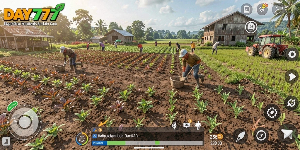 Tangkapan layar gameplay DAY777 yang menampilkan ladang yang subur dan penuh warna.
