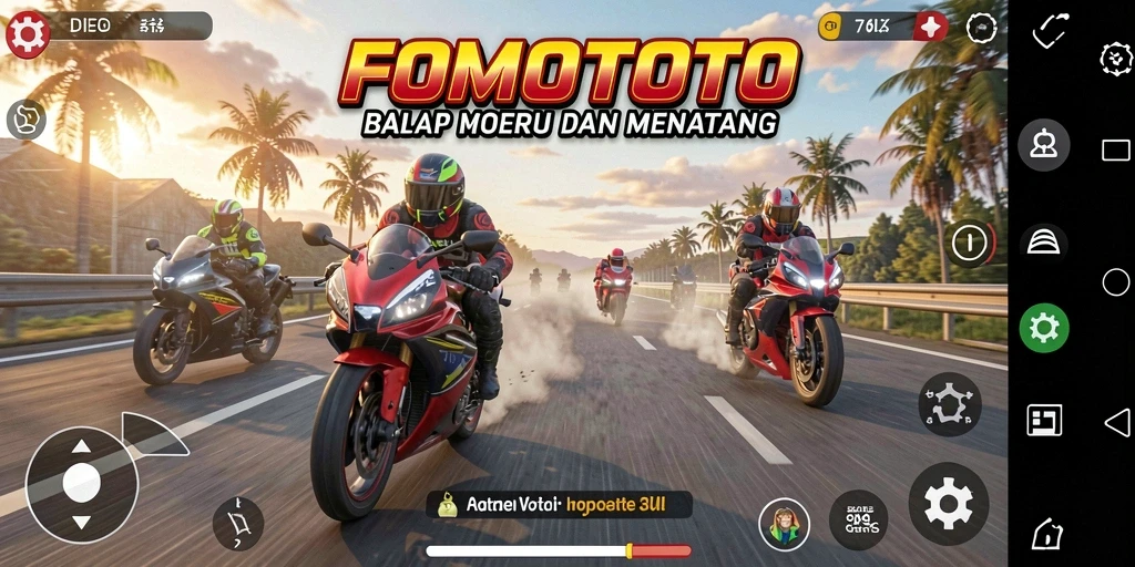 Tampilan gameplay FOMOTOTO dengan aksi balap motor mendebarkan.
