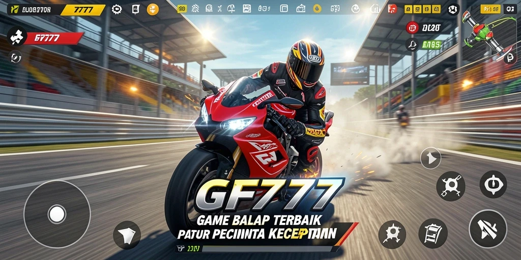 Screenshot gameplay GF777 menunjukkan aksi balap motor yang mendebarkan.