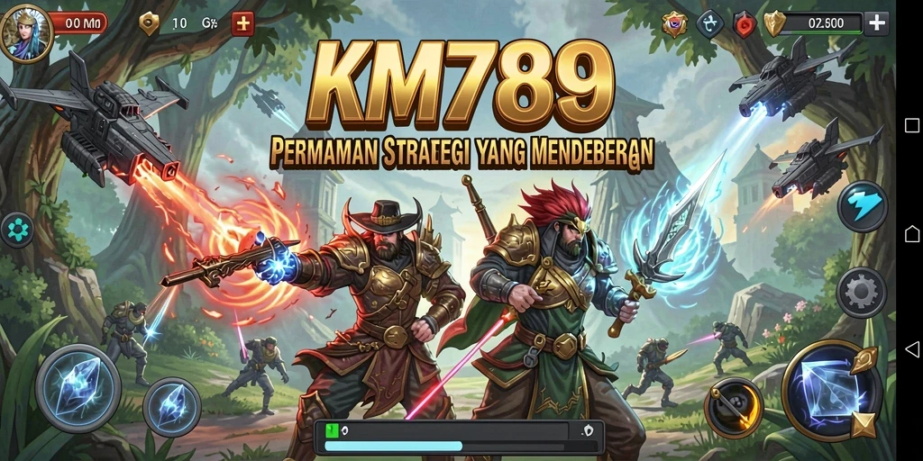 Screenshot utama KM789 menampilkan aksi pertempuran strategi yang intens.