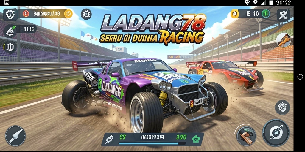 Screenshot menunjukkan aksi balapan seru di LADANG78 dengan kendaraan yang cepat.
