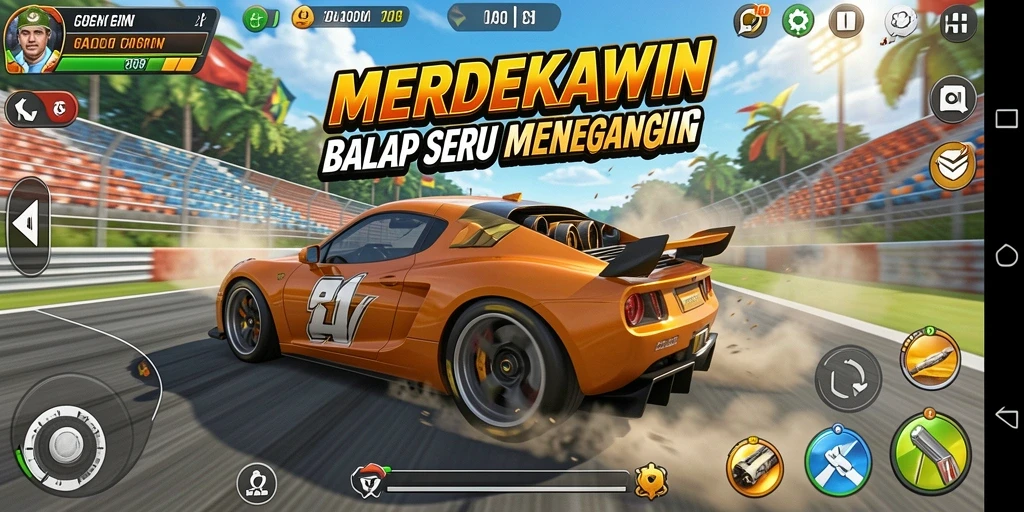 Tampilan gameplay balap yang seru dan mendebarkan di MERDEKAWIN.