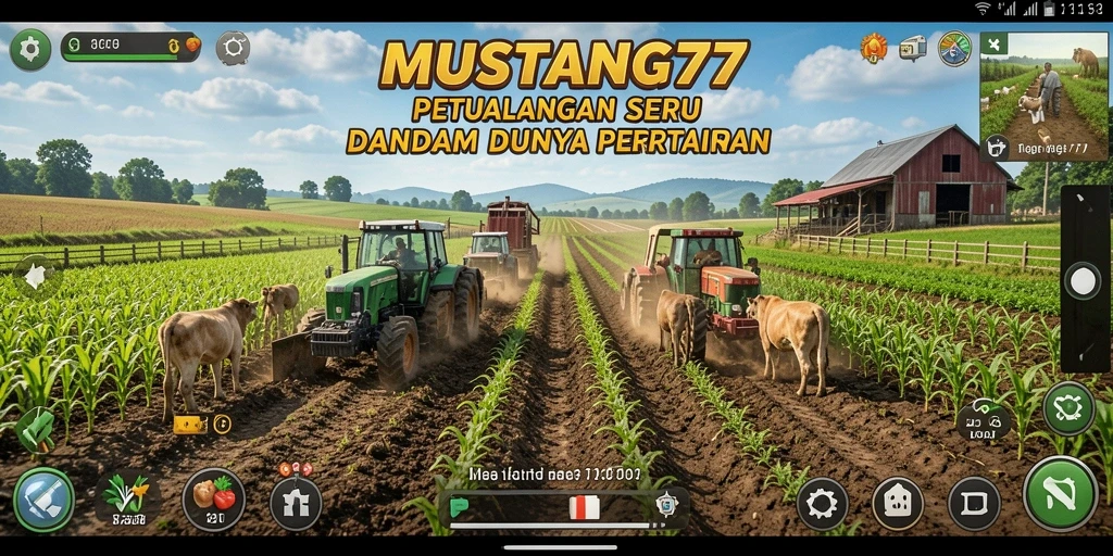 Tampilan gameplay <strong>MUSTANG77</strong> dengan ladang hijau yang subur dan hewan ternak.