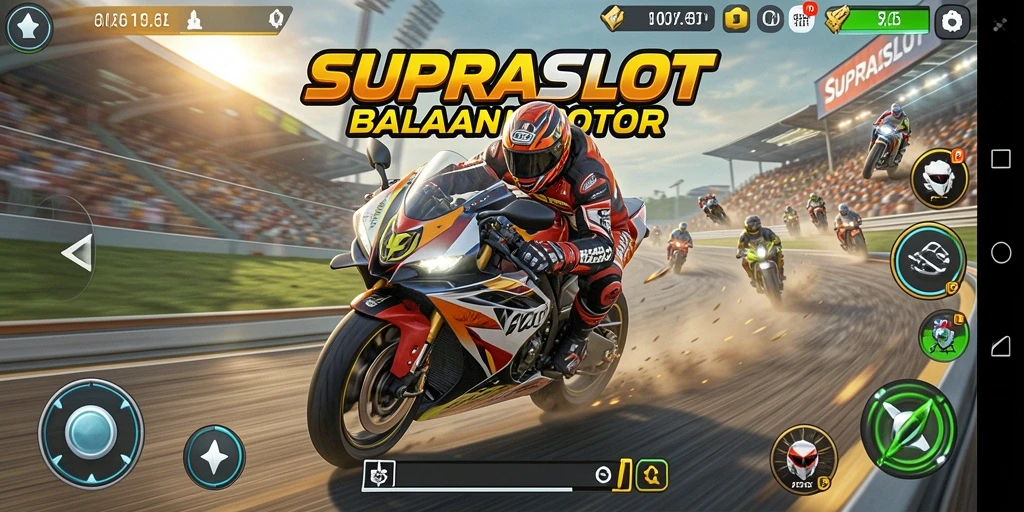 Tangkapan layar gameplay balapan motor SUPRASLOT yang menegangkan.