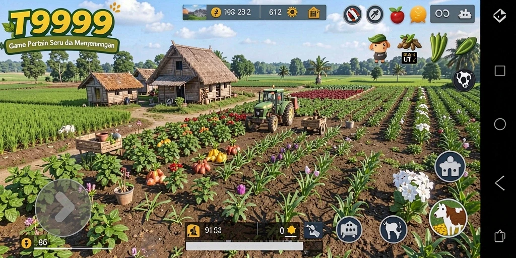 Screenshot gameplay T9999 menampilkan kebun hijau yang subur dan hewan ternak yang bahagia.
