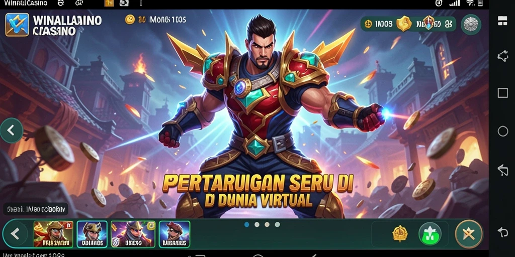 Tangkapan layar gameplay WINALLCASINO menampilkan pertarungan mendebarkan dalam arena yang berwarna-warni.